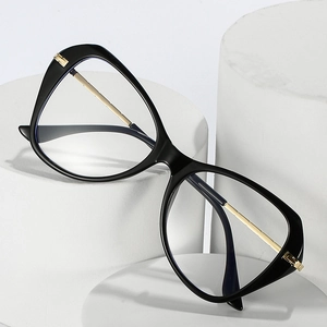 Cat eye blue light blocking glasses with black TR90 frames and gold metal temples