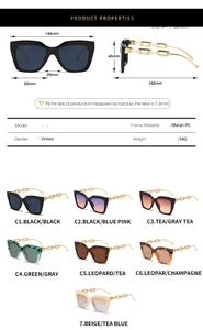 Detailed size chart and multi-color options for square chain-link sunglasses
