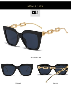 Detailed multi-angle views of black square sunglasses with gold chain link temples