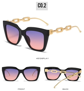 Detailed views of square sunglasses with gradient lenses and golden chain temples