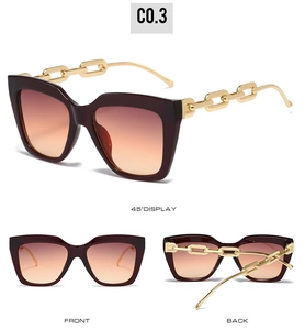 Three angles of oversized square burgundy sunglasses with chunky gold chain temples