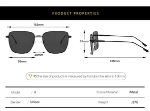 Detailed size chart for square metal sunglasses showing precise width and lens measurements
