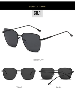 Detailed views of square frame sunglasses showing front, back, and 45-degree angle perspectives