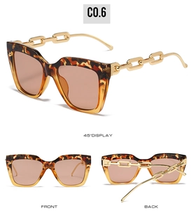 Detailed multi-angle view of tortoiseshell square sunglasses with gold chain temples