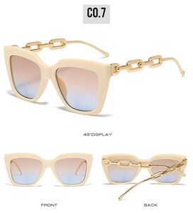 Detailed views of beige square sunglasses with gold chain temples and gradient lenses