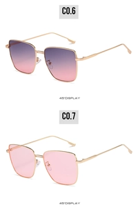 Detailed 45-degree view of square metal frame sunglasses in pink and gradient purple