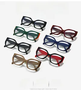 Detailed grid of seven colorful cat eye glasses frames with water proof feature