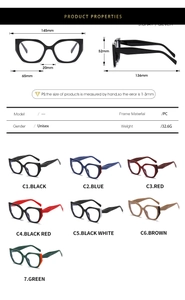 Detailed size specifications and color options for cat-eye style PC eyewear frames