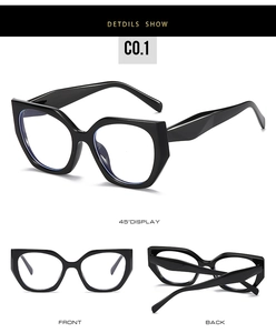 Detailed multi-angle views of black cat-eye glasses frames with glossy plastic finish