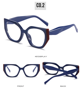 Cat eye glasses frame with blue and red color blocking shown in multiple view angles