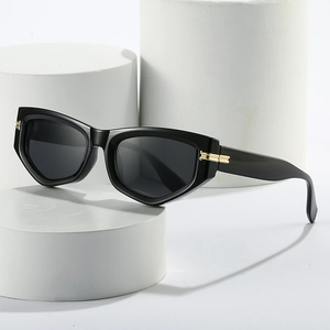 Lunettes de soleil œil-de-chat noires tendance avec détails dorés sur supports blancs