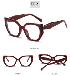 Three-way view of cat eye glasses frames in burgundy and tortoiseshell finish