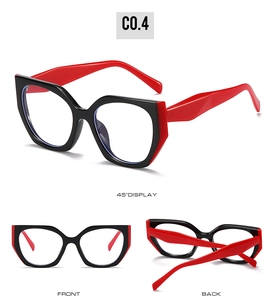 Detail view of bold black and red cat-eye glasses frame with multi-angle perspectives