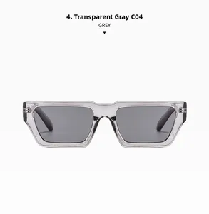 Detail der modischen rechteckigen Sonnenbrille mit transparentem grauen Rahmen