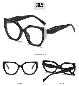 Three-way view of cat eye glasses frame with bold black and white color blocking design