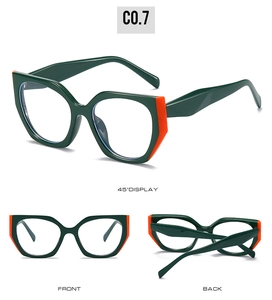 Green cat-eye glasses frame with orange contrast details showing front and side views