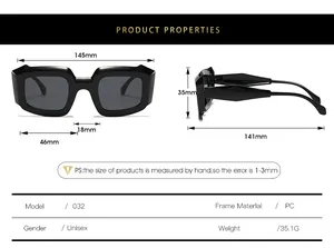 Tableau des tailles détaillé des lunettes de soleil carrées avec mesures et poids