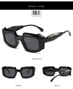 Vues détaillées multi-angles de lunettes de soleil carrées géométriques noires à finition brillante
