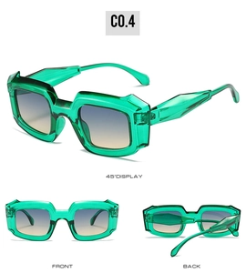 Vues détaillées de lunettes de soleil carrées vertes avec verres dégradés bleus
