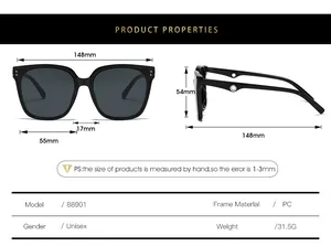 Detailed sizing chart and physical dimensions for square frame fashion sunglasses