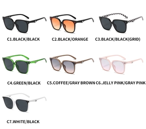 Collection of oversized square sunglasses in seven diverse colors on white background