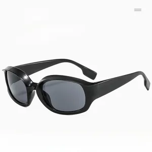 Close-up of sleek black oversized oval sunglasses with wide temples and dark gray lenses
