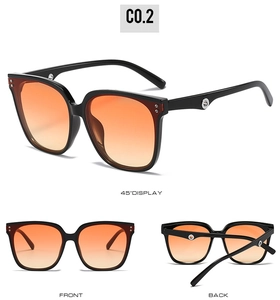 Three-view display of black square sunglasses with orange gradient lenses and a glossy finish
