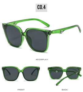 Detailed views of green transparent square sunglasses with silver metal rivet accents