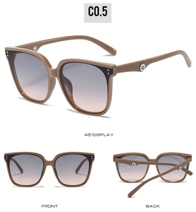 Multi-angle view of square sunglasses with gradient lenses and brown frames
