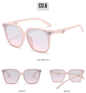Detailed views of light pink square sunglasses with gradient lenses and silver rivet accents