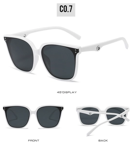 Detailed views of white square sunglasses with silver rivets and unique hollow temples