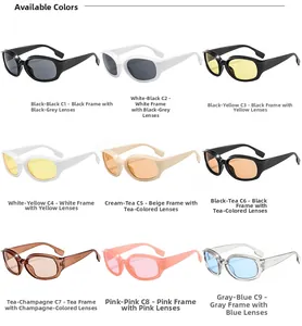 Detailed grid of oval retro sunglasses in nine colors including black white and pink