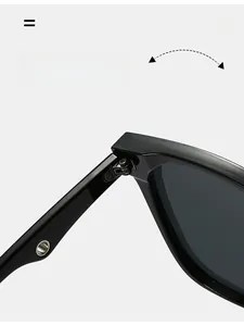 Detail of durable high-strength precision metal hinge on square black sunglasses