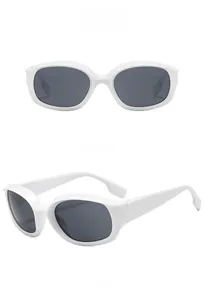 Front and side views of chunky white oval frame sunglasses with dark black lenses