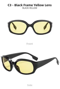 Close-up of futuristic black oval frame sunglasses with yellow lenses and C3 model code