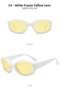 Front and side view of white oval frame sunglasses with yellow lenses for sport