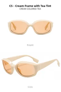 Front and side view of futuristic cream sports sunglasses with tinted tea lenses