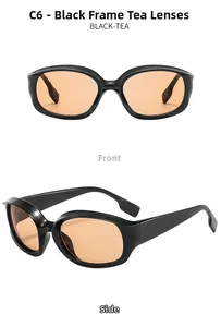 Front and side view of retro oval sunglasses with thick black frames and tea lenses