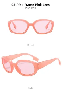 Detailed front and side views of pink wrap-around tech sunglasses with jelly frame