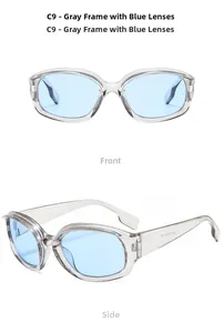 Front and side view of oval grey frame sunglasses with light blue lenses for fashion