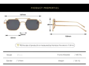 Detailed size chart for metal square sunglasses showing frame width and lens dimensions