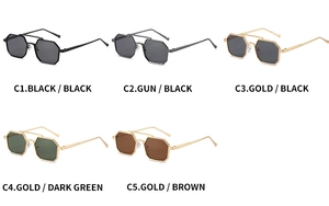 Detailed comparison of five geometric sunglasses variants with double-bridge metal frames