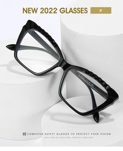 Detailed close-up of TR90 cat eye glasses frame showing TR-P5002 model marking