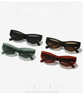 Detailed view of four retro cat eye sunglasses in black, brown, green, and red frames