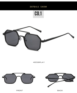 Detail view of square black sunglasses with double bridge and metal temples C0.1