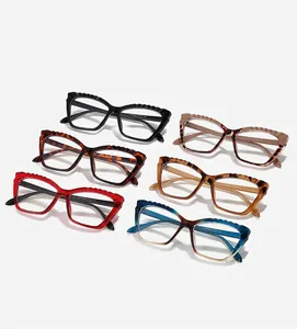 Cat eye TR90 glasses frames in multiple colors showing bridge size and temple detail
