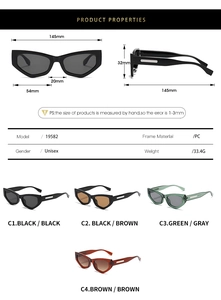Detailed size chart and specifications for vintage cat eye sunglasses model 19582