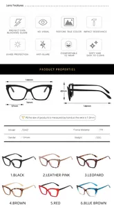 Size guide for TR90 cat-eye glasses frame showing dimensions and six color options