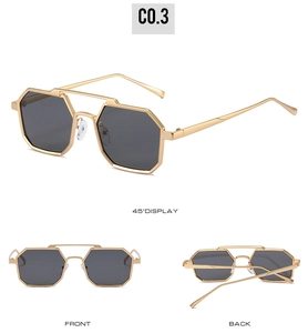 Three-angle display of octagonal gold metal frame sunglasses with double bridge design