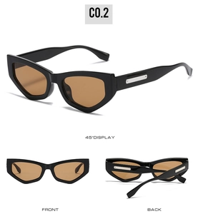 Detailed views of cat eye sunglasses with black frames, brown lenses and metal trim